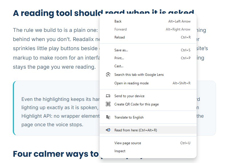 Chrome's right-click menu on a page with nothing selected, carrying one Readalix item that reads Read from here, with Ctrl+Alt+R beside it.