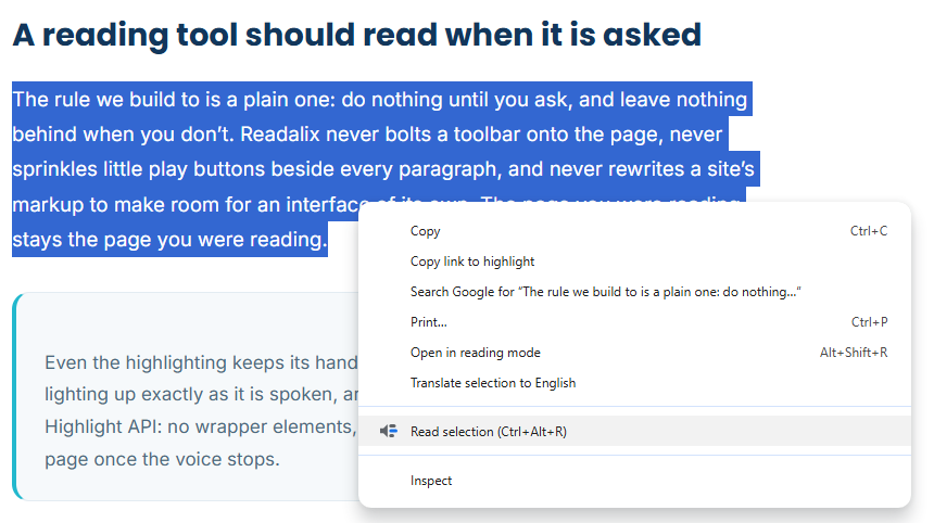 Chrome's right-click menu over a selected paragraph, carrying one Readalix item that reads Read selection, with Ctrl+Alt+R beside it.