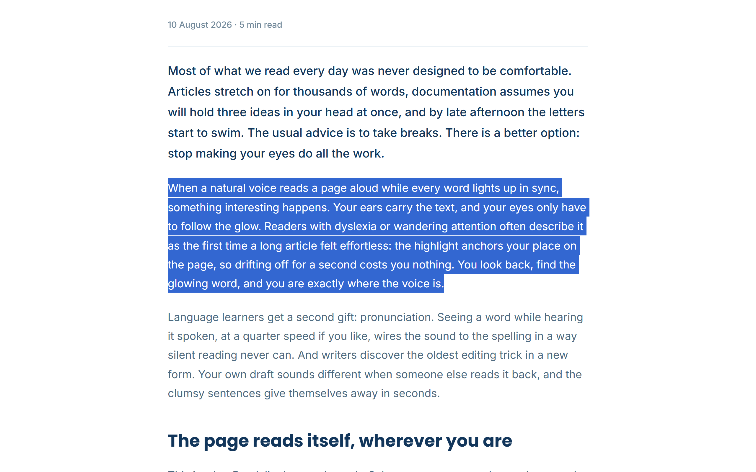 An article with the picker armed: the paragraph under the pointer is filled with the picker colour, ready to be clicked to start reading there.
