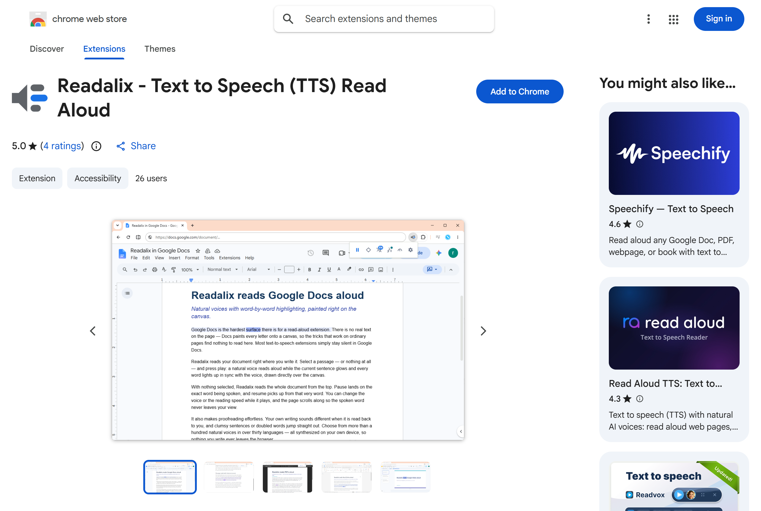 The Readalix listing in the Chrome Web Store, with the blue Add to Chrome button beside the extension name.