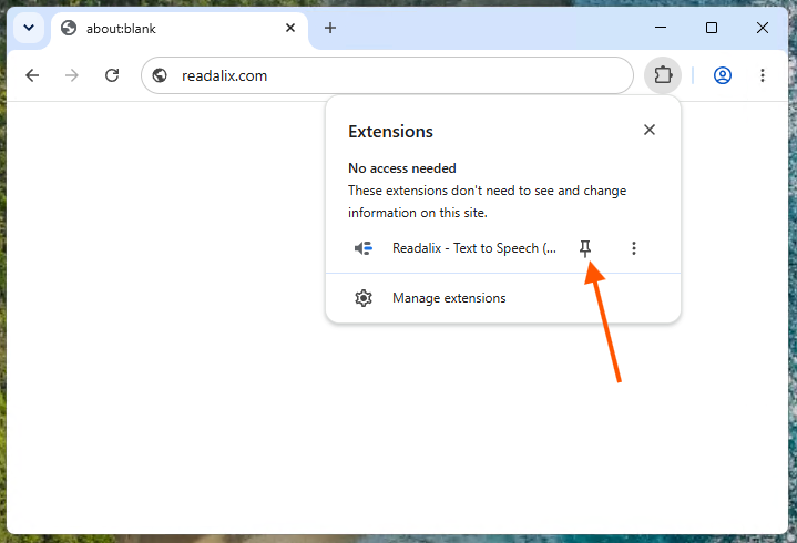Chrome's Extensions menu open from the puzzle-piece icon, with an arrow pointing at the pin beside the Readalix entry.