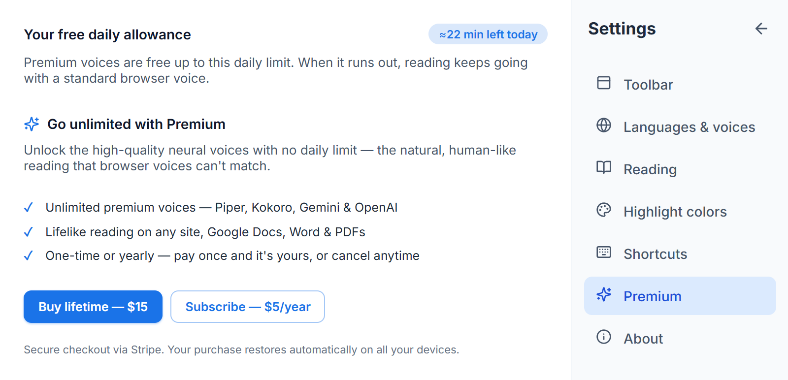The Premium settings section: how much of today's free allowance is left, what paying removes, and the one-off and yearly prices side by side.