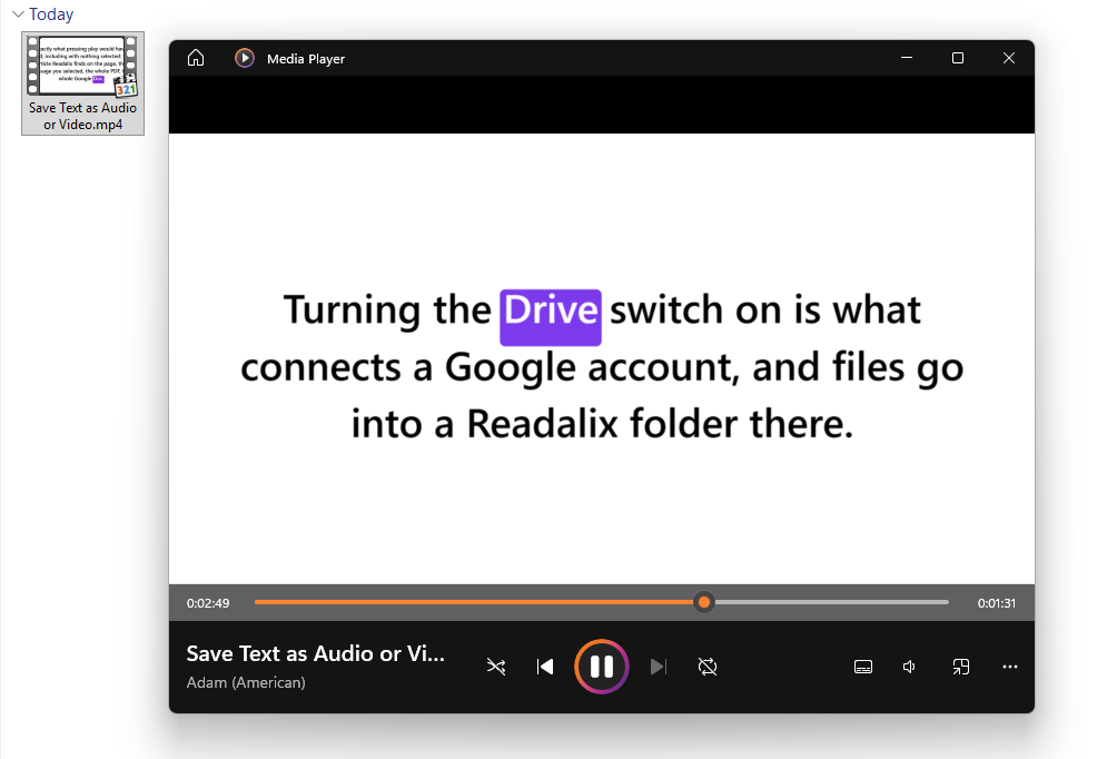A saved MP4 playing in a media player: one sentence fills the screen and the word being spoken is boxed in the word highlight colour, with the voice that read it named under the file title.