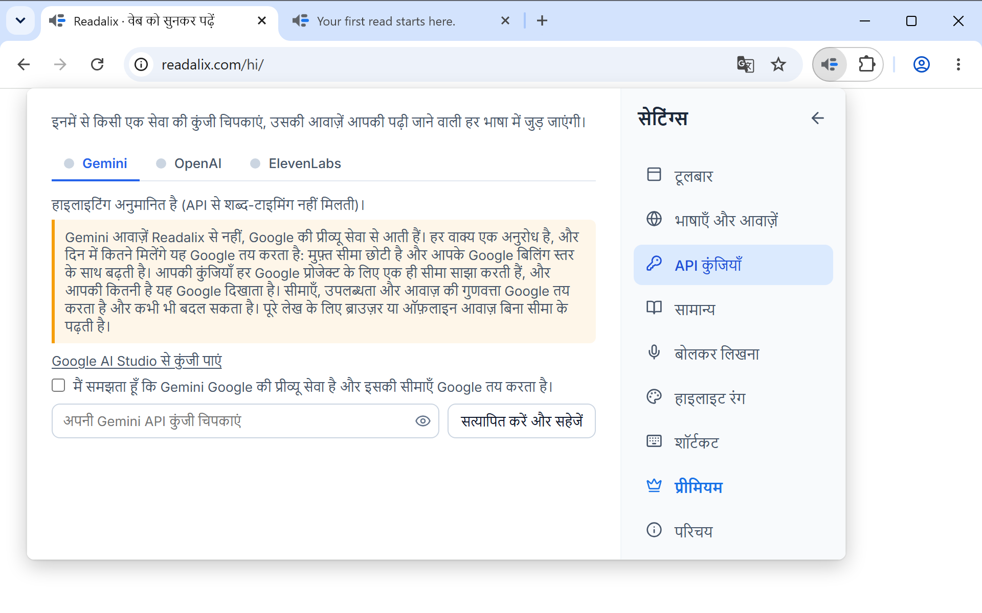 API कुंजियाँ पेज पर सेटिंग्स: एक पंक्ति जो बताती है कि कुंजी इसी कंप्यूटर पर रहती है, फिर Gemini, OpenAI और ElevenLabs के टैब, जिनमें Gemini खुला है, कुंजी पाने का लिंक, टिक करने का एक बॉक्स, और सत्यापित करें और सहेजें बटन के बगल में कुंजी चिपकाने का फ़ील्ड।