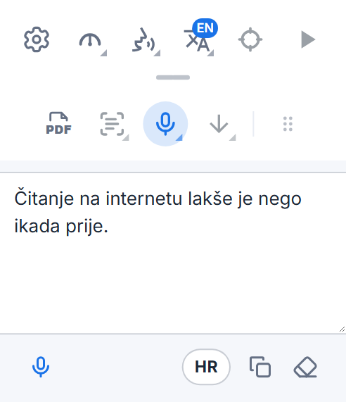 Readalixova alatna traka s okvirom za diktiranje: izdiktirane riječi, gumb mikrofona za dodavanje još teksta, gumb za jezik te gumbi za kopiranje i čišćenje.