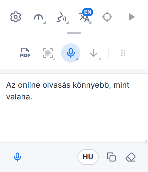 A Readalix eszköztára a diktálási mezővel: a diktált szavak, egy mikrofongomb a folytatáshoz, a nyelvgomb, valamint gombok a másolásukhoz és törlésükhöz.