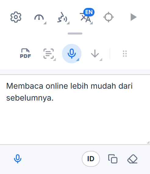 Bilah alat Readalix dengan kotak diktenya: kata-kata yang didiktekan, tombol mikrofon untuk menambah lagi, tombol bahasa, serta tombol untuk menyalin dan menghapusnya.