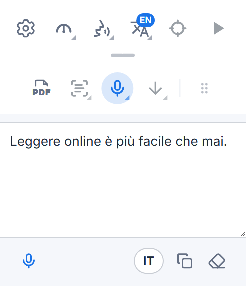 La barra di Readalix con il riquadro di dettatura: le parole dettate, un pulsante microfono per aggiungerne altre, il pulsante della lingua e i pulsanti per copiarle e cancellarle.