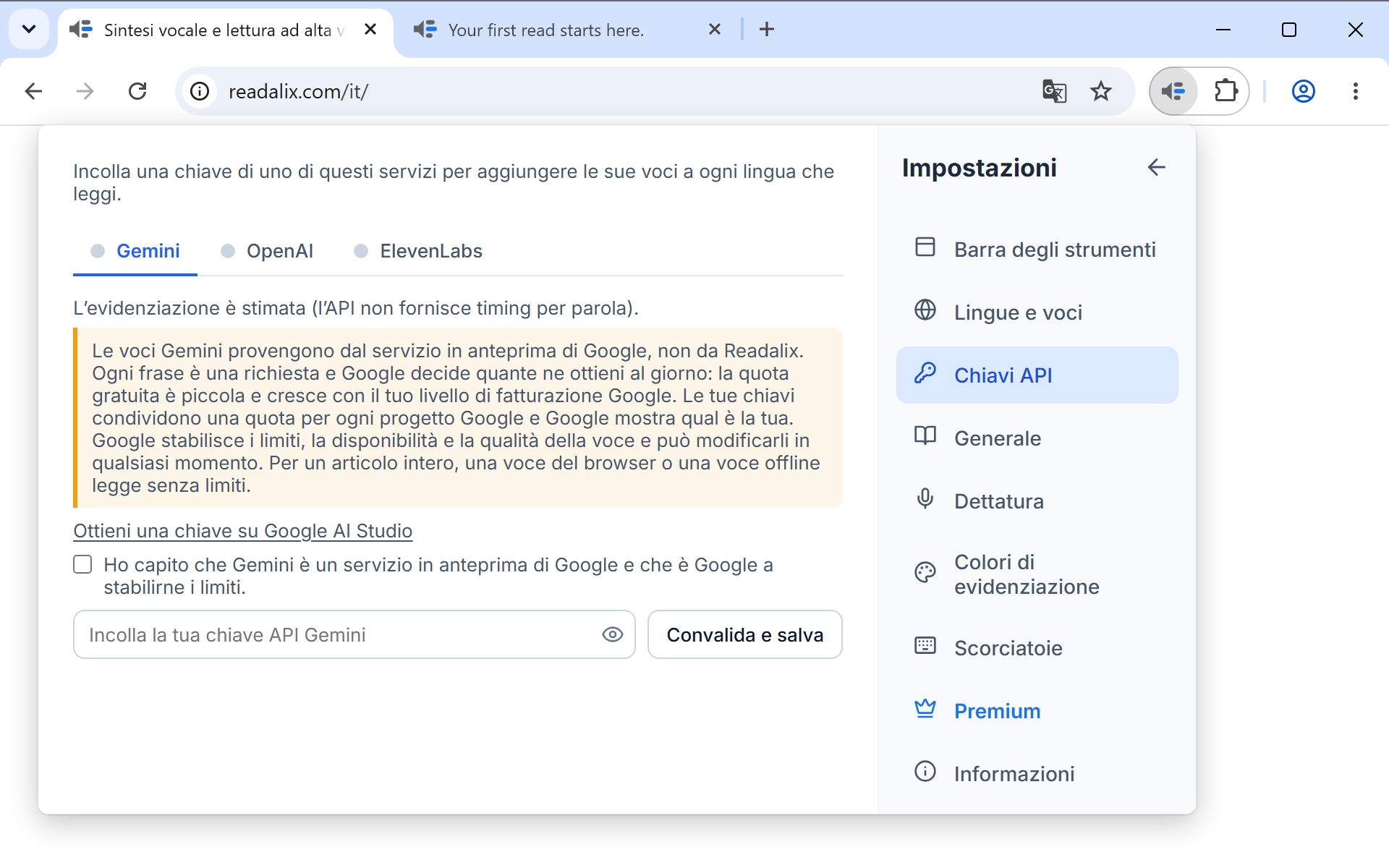Impostazioni nella pagina Chiavi API: una riga che dice che la chiave resta su questo computer, poi le schede Gemini, OpenAI ed ElevenLabs con Gemini aperta, un link per ottenere una chiave, una casella da spuntare e un campo per incollare la chiave accanto al pulsante Convalida e salva.
