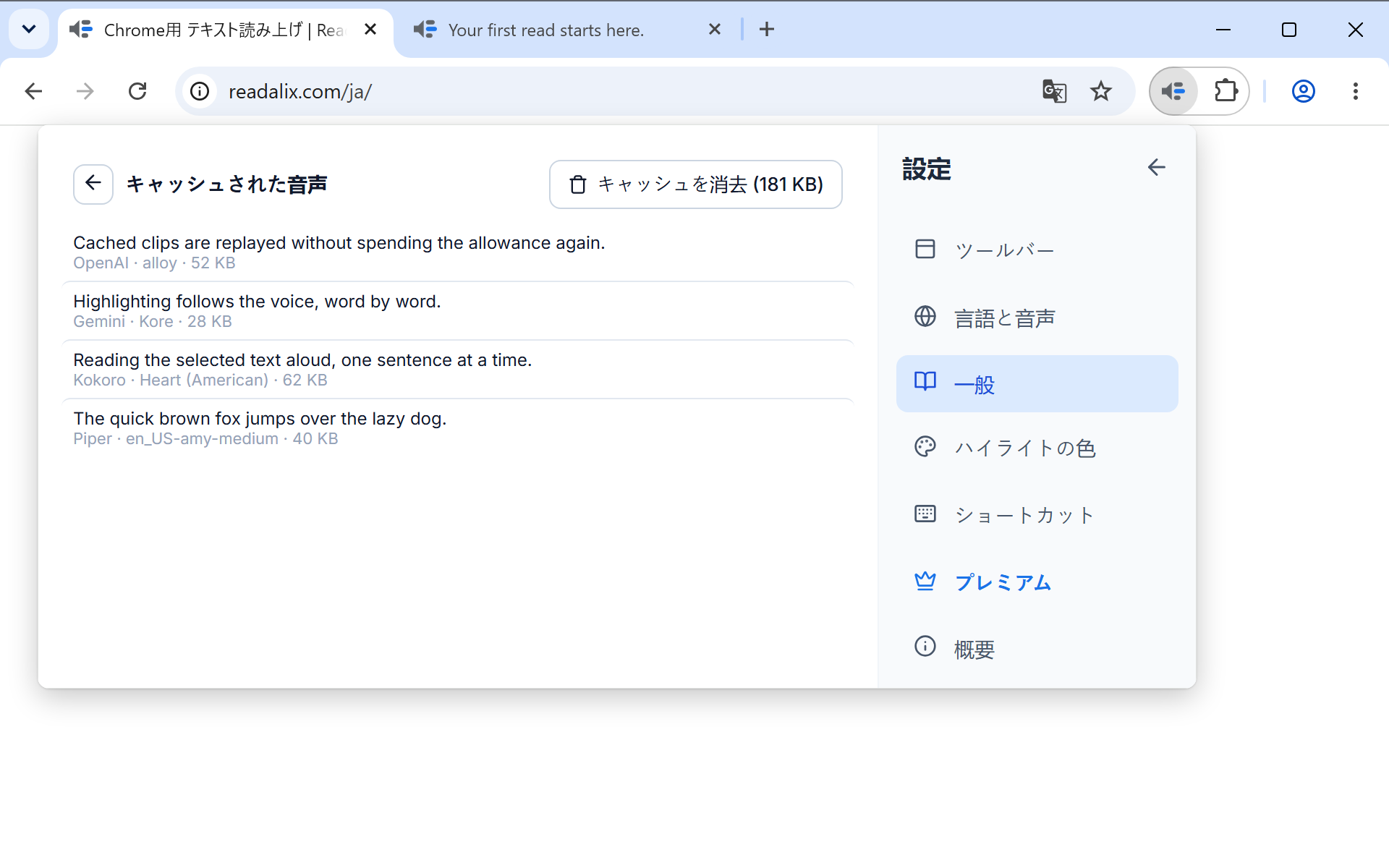 設定内のキャッシュ済み音声のリスト。保存されたクリップの行にソースとサイズが表示され、それぞれに再生、ダウンロード、削除のボタンがあり、上部にキャッシュを消去ボタンがあります。