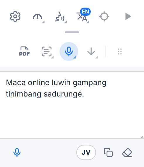 Toolbar Readalix kanthi kothak dikte: tembung-tembung sing didikte, tombol mikrofon kanggo nambah maneh, tombol basa, lan tombol kanggo nyalin lan mbusak.