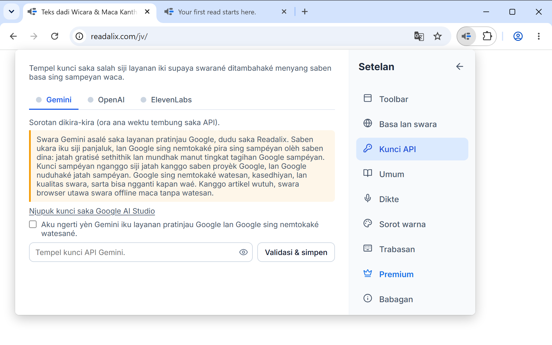 Setelan ing kaca Kunci API: sawijining baris sing kandha yen kunci tetep ing komputer iki, banjur tab Gemini, OpenAI lan ElevenLabs kanthi Gemini kabuka, pranala kanggo njaluk kunci, kothak sing kudu dicentang, lan kolom kanggo nempelake kunci ing sandhinge tombol Validasi & simpen.