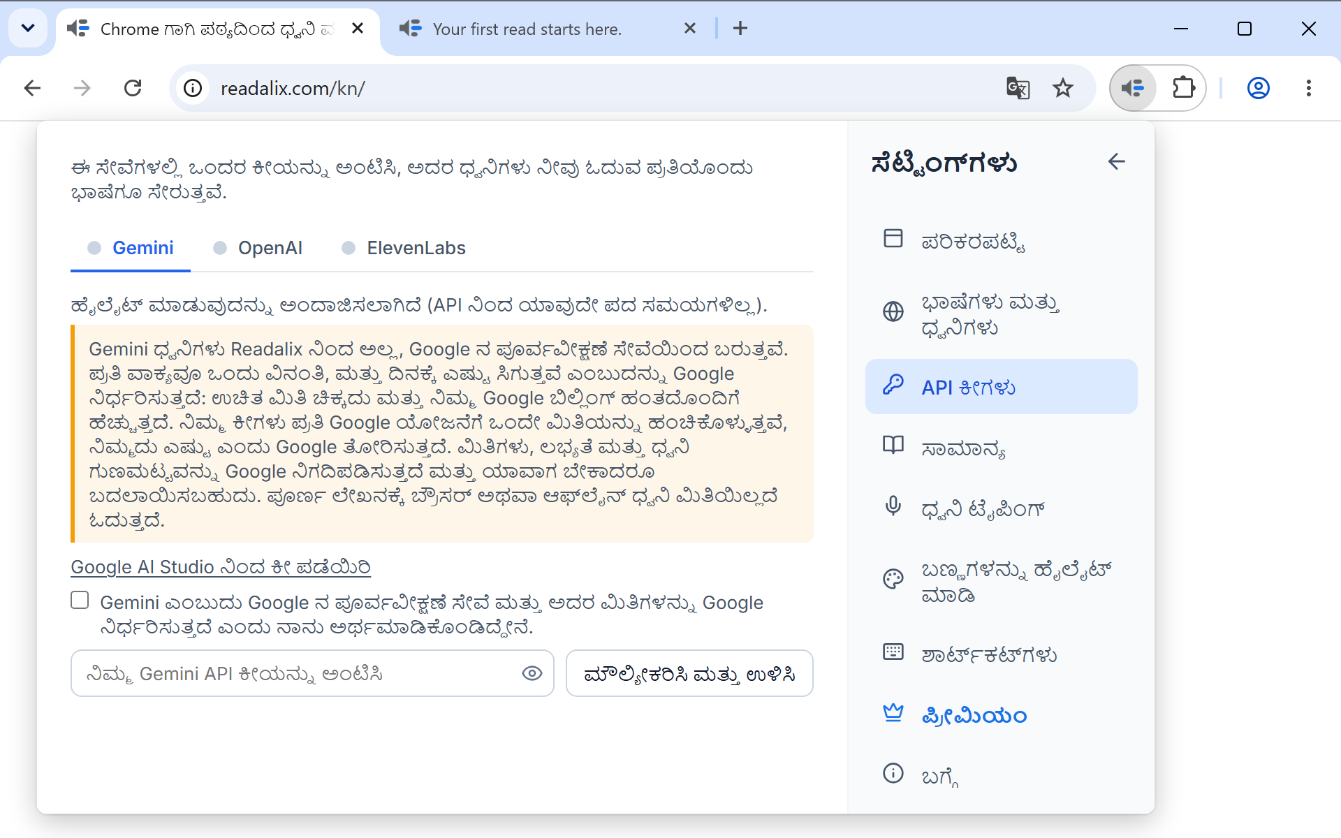 API ಕೀಗಳ ಪುಟದಲ್ಲಿ ಸೆಟ್ಟಿಂಗ್‌ಗಳು: ಕೀಲಿ ಈ ಕಂಪ್ಯೂಟರ್‌ನಲ್ಲೇ ಉಳಿಯುತ್ತದೆ ಎಂದು ಹೇಳುವ ಒಂದು ಸಾಲು, ನಂತರ Gemini ತೆರೆದಿರುವ Gemini, OpenAI ಮತ್ತು ElevenLabs ಟ್ಯಾಬ್‌ಗಳು, ಕೀಲಿ ಪಡೆಯುವ ಲಿಂಕ್, ಟಿಕ್ ಮಾಡಲು ಒಂದು ಬಾಕ್ಸ್, ಮತ್ತು ಮೌಲ್ಯೀಕರಿಸಿ ಮತ್ತು ಉಳಿಸಿ ಬಟನ್ ಪಕ್ಕದಲ್ಲಿ ಕೀಲಿ ಅಂಟಿಸುವ ಕ್ಷೇತ್ರ.