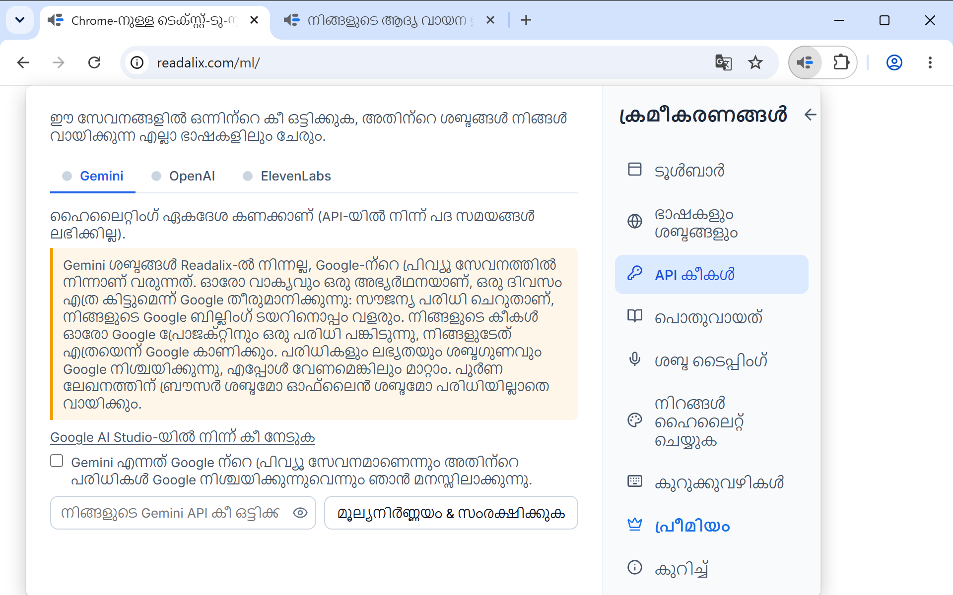 API കീകൾ പേജിലെ ക്രമീകരണങ്ങൾ: കീ ഈ കമ്പ്യൂട്ടറിൽ തന്നെ നിൽക്കുമെന്ന് പറയുന്ന ഒരു വരി, പിന്നെ Gemini തുറന്നിരിക്കുന്ന Gemini, OpenAI, ElevenLabs ടാബുകൾ, കീ നേടാനുള്ള ലിങ്ക്, ടിക്ക് ചെയ്യാനുള്ള ഒരു ബോക്സ്, മൂല്യനിർണ്ണയം & സംരക്ഷിക്കുക ബട്ടണിന് അരികിൽ കീ ഒട്ടിക്കാനുള്ള ഫീൽഡ്.