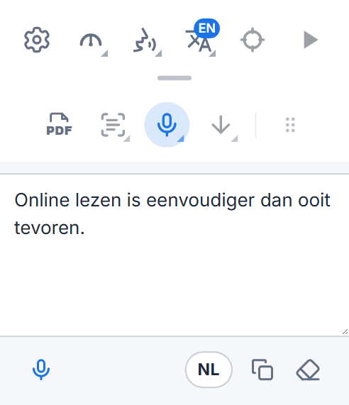 De werkbalk van Readalix met het dicteervak: de gedicteerde woorden, een microfoonknop om meer toe te voegen, de taalknop en knoppen om ze te kopiëren en te wissen.