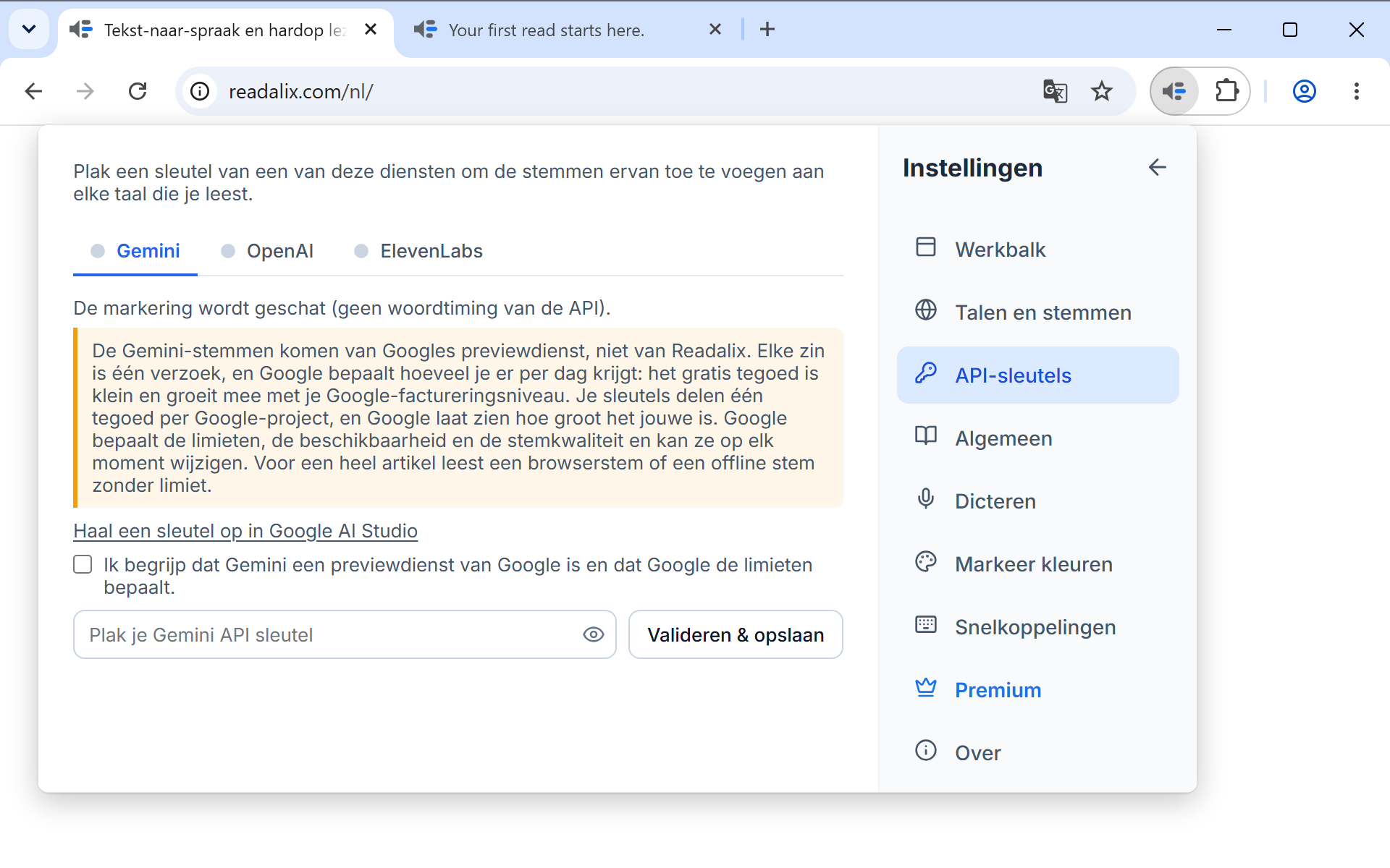 Instellingen op de pagina API-sleutels: een regel dat de sleutel op deze computer blijft, dan de tabbladen Gemini, OpenAI en ElevenLabs met Gemini open, een link om een sleutel te halen, een selectievakje en een veld om de sleutel te plakken naast een knop Valideren & opslaan.