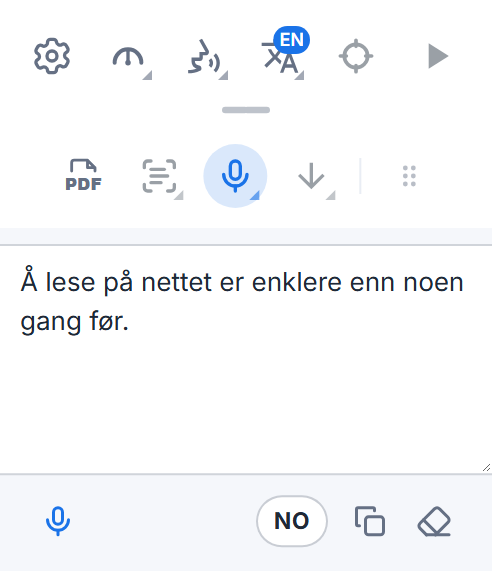 Readalix-verktøylinjen med dikteringsfeltet: de dikterte ordene, en mikrofonknapp for å legge til mer, språkknappen og knapper for å kopiere og tømme dem.