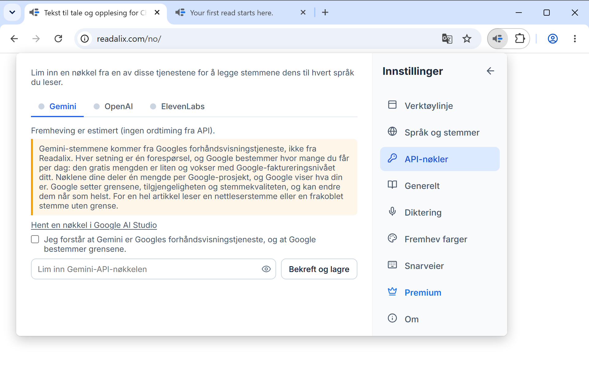 Innstillinger på siden API-nøkler: en linje om at nøkkelen blir på denne datamaskinen, så fanene Gemini, OpenAI og ElevenLabs med Gemini åpen, en lenke for å hente en nøkkel, en avkrysningsboks og et felt for å lime inn nøkkelen ved siden av en Bekreft og lagre-knapp.