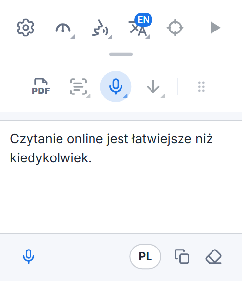 Pasek Readalix z polem dyktowania: podyktowane słowa, przycisk mikrofonu do dodania kolejnych, przycisk języka oraz przyciski do ich skopiowania i wyczyszczenia.