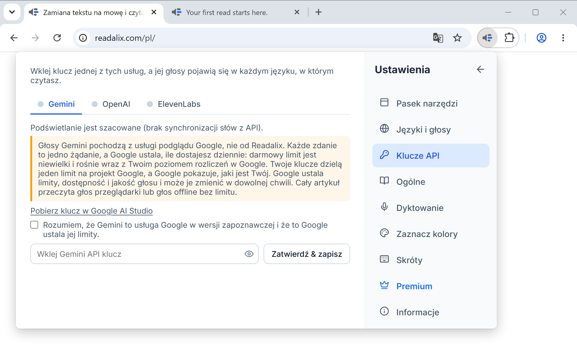 Ustawienia na stronie Klucze API: wiersz mówiący, że klucz zostaje na tym komputerze, potem karty Gemini, OpenAI i ElevenLabs z otwartą kartą Gemini, link do zdobycia klucza, pole wyboru oraz pole do wklejenia klucza obok przycisku Zatwierdź & zapisz.