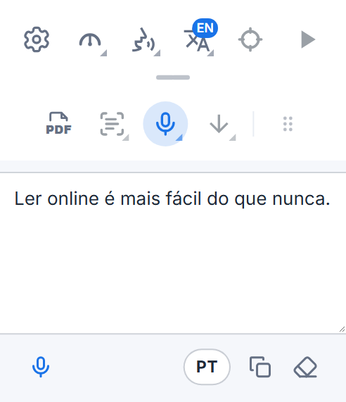 A barra de ferramentas do Readalix com a caixa de ditado: as palavras ditadas, um botão de microfone para adicionar mais, o botão de idioma e botões para copiá-las e limpá-las.
