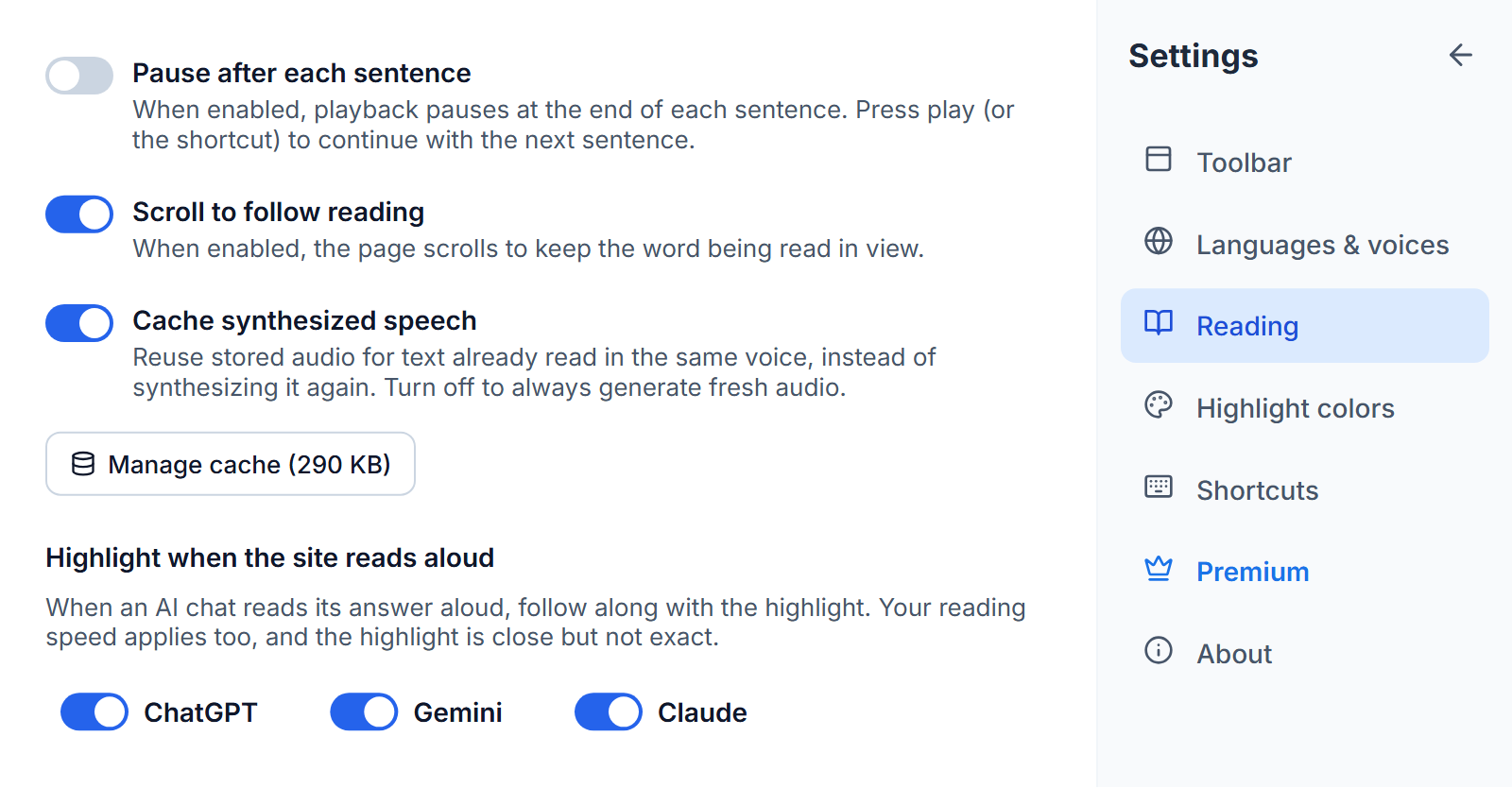 The Readalix settings, Reading section: a card headed &ldquo;Highlight when the site reads aloud&rdquo; with a switch each for ChatGPT, Gemini and Claude, all on.