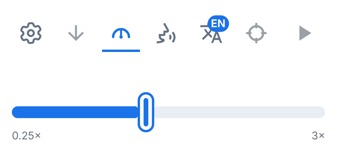 The Readalix popup with its reading-speed slider open, the track running from 0.25 times to 3 times.