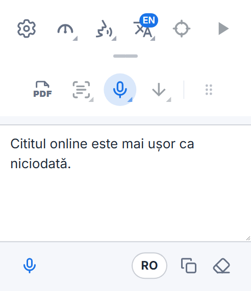 Bara de instrumente Readalix cu caseta de dictare: cuvintele dictate, un buton cu microfon pentru a adăuga altele, butonul de limbă și butoane pentru a le copia și a le șterge.
