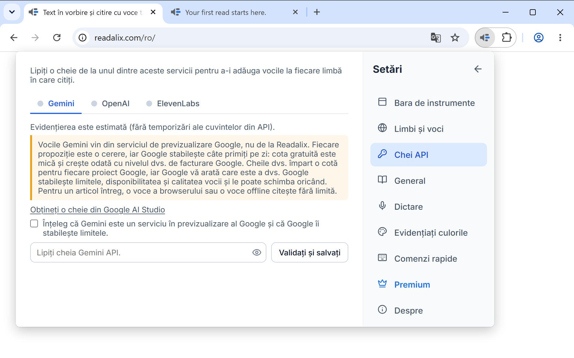 Setările, pagina Chei API: un rând care spune că cheia rămâne pe acest calculator, apoi filele Gemini, OpenAI și ElevenLabs, cu Gemini deschis, un link pentru a obține o cheie, o casetă de bifat și un câmp pentru lipirea cheii lângă butonul Validați și salvați.
