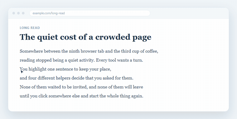 A paragraph on a web page is selected, and four extension pop-ups land on top of it: a translate bubble, a grammar checker, a listen button and a floating toolbar.