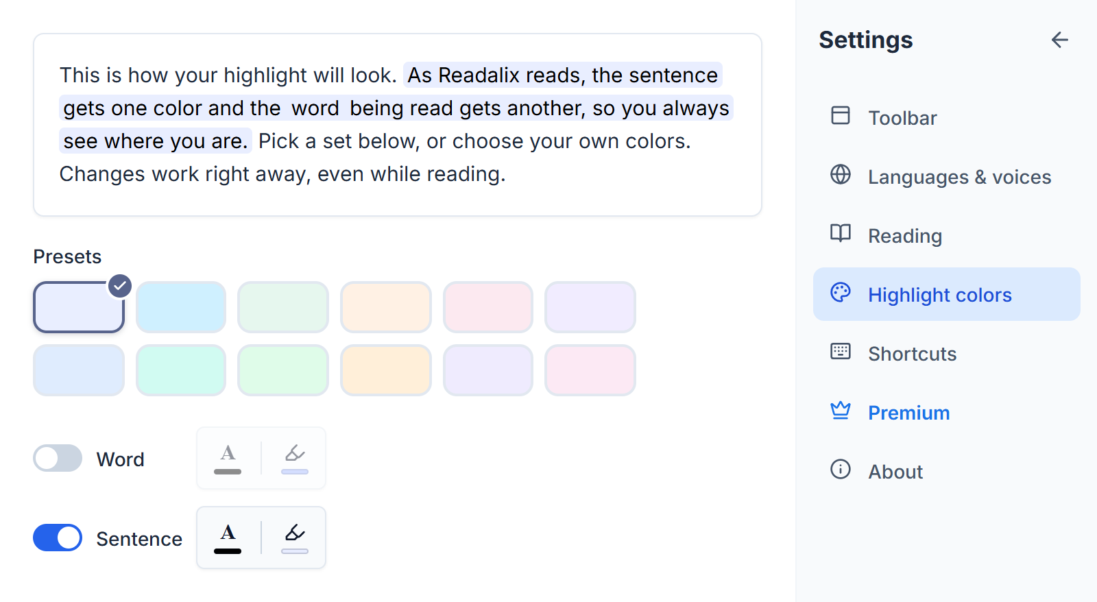 The Readalix settings, Highlight colors section: the Word switch is off and greyed out, the Sentence switch is on, and the live preview shows only the sentence tint.