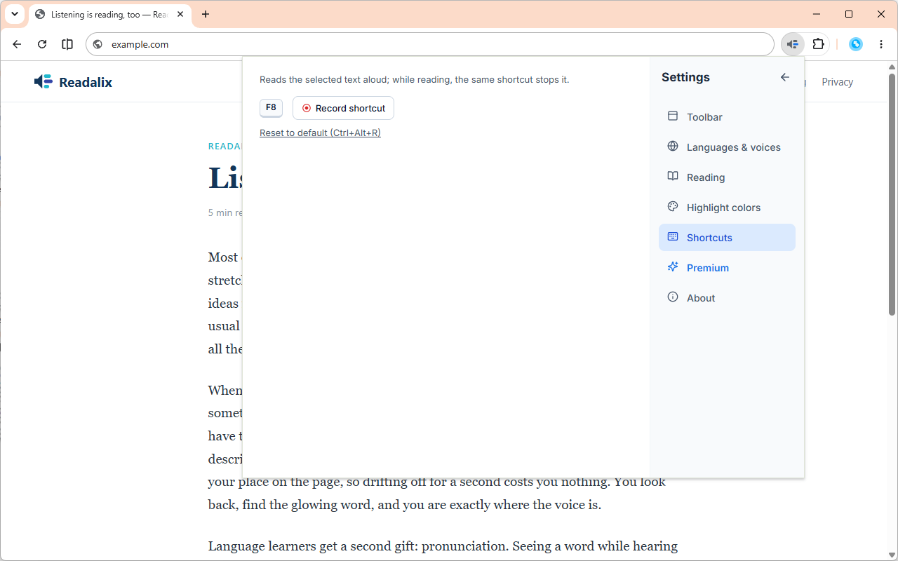 The Shortcuts settings panel showing the current read shortcut as keycaps next to a Record button, with a reset link below.