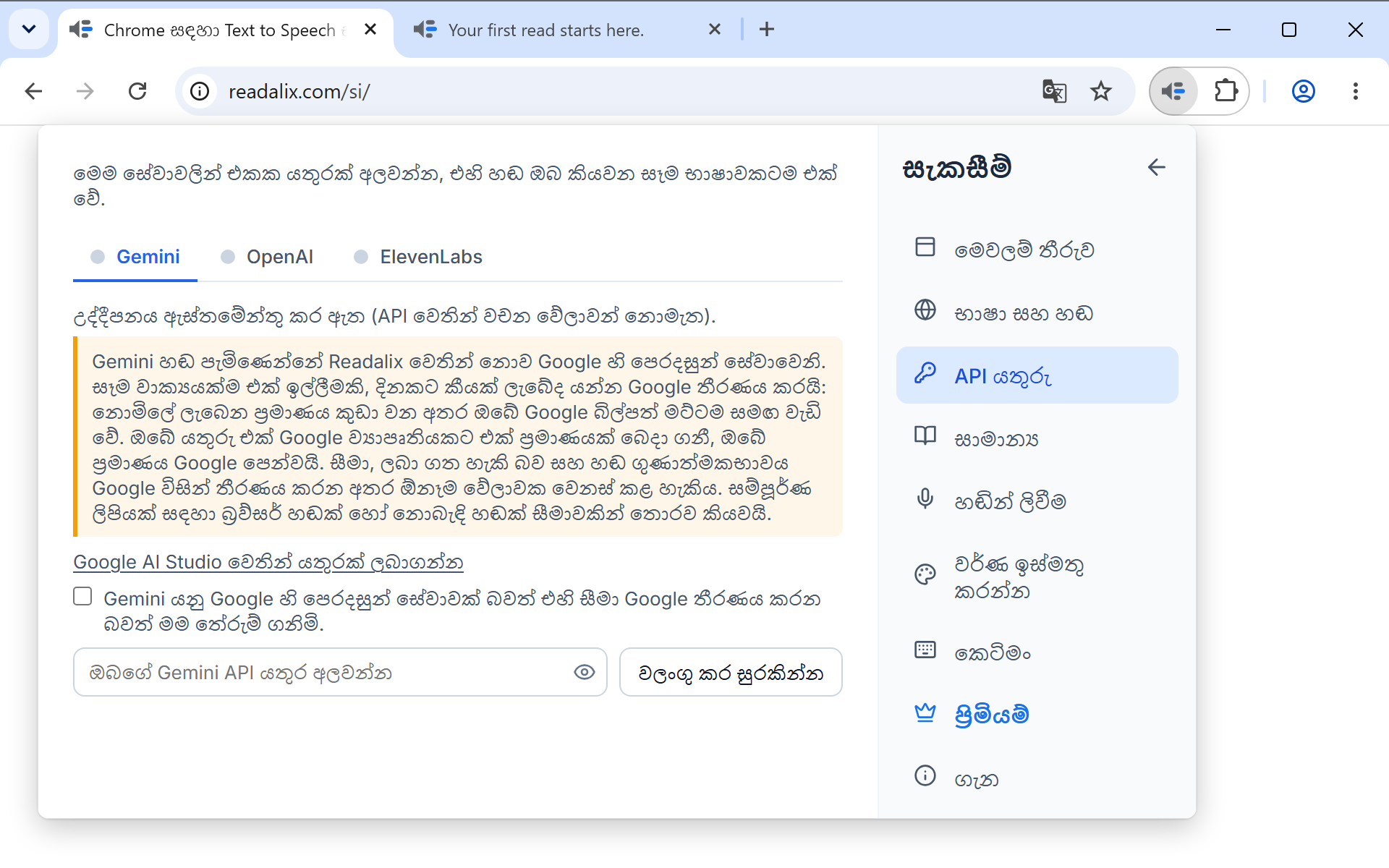 API යතුරු පිටුවේ සැකසීම්: යතුර මෙම පරිගණකයේම රැඳෙන බව කියන පේළියක්, ඉන්පසු Gemini විවෘතව ඇති Gemini, OpenAI සහ ElevenLabs ටැබ, යතුරක් ලබාගැනීමේ සබැඳියක්, ටික් කිරීමට කොටුවක්, සහ වලංගු කර සුරකින්න බොත්තම අසල යතුර අලවන ක්ෂේත්‍රයක්.