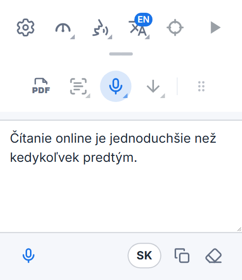 Panel nástrojov Readalix s poľom na diktovanie: nadiktované slová, tlačidlo mikrofónu na ďalšie diktovanie, tlačidlo jazyka a tlačidlá na ich skopírovanie a vymazanie.