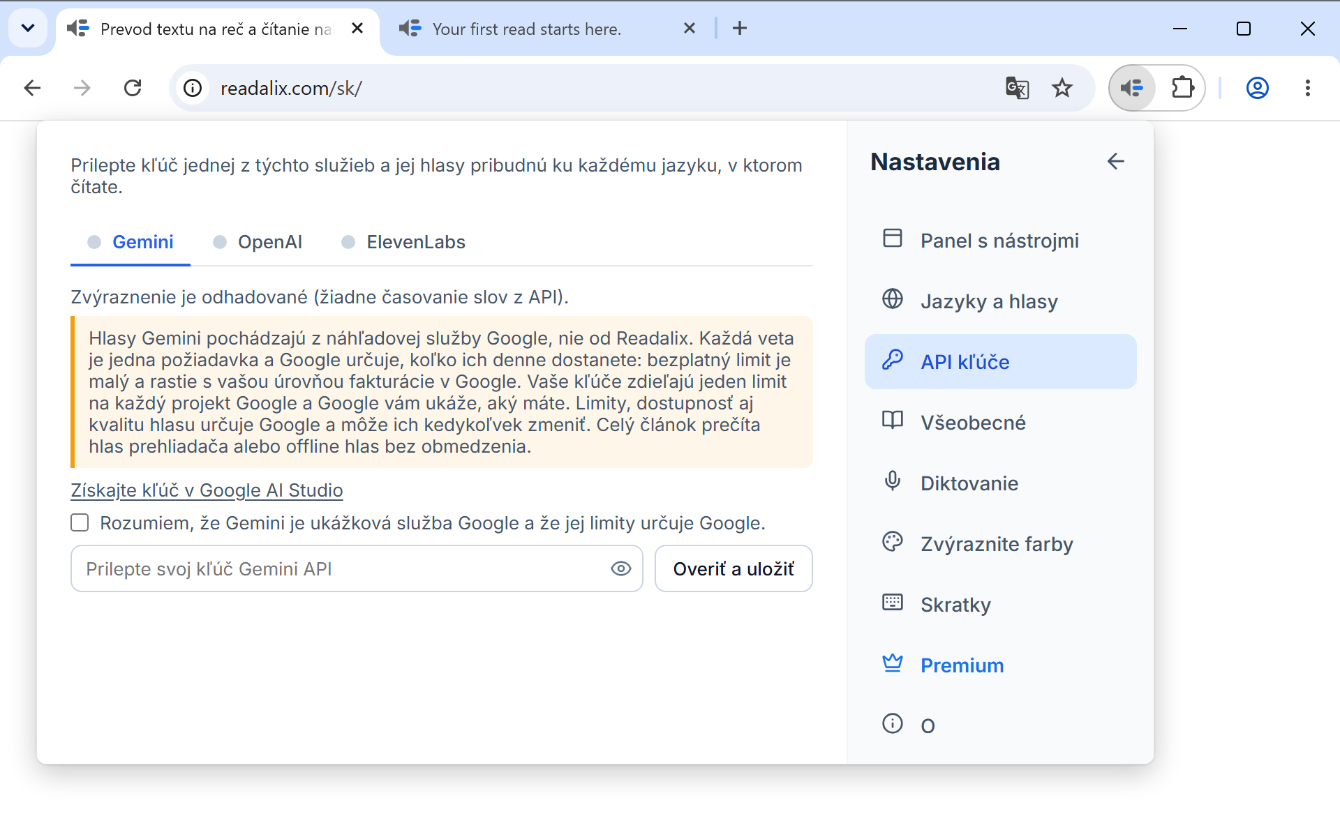 Nastavenia na stránke API kľúče: riadok o tom, že kľúč zostáva v tomto počítači, potom karty Gemini, OpenAI a ElevenLabs s otvorenou kartou Gemini, odkaz na získanie kľúča, zaškrtávacie políčko a pole na vloženie kľúča vedľa tlačidla Overiť a uložiť.