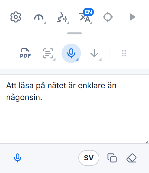Readalix verktygsfält med dikteringsrutan: de dikterade orden, en mikrofonknapp för att lägga till mer, språkknappen och knappar för att kopiera och rensa dem.