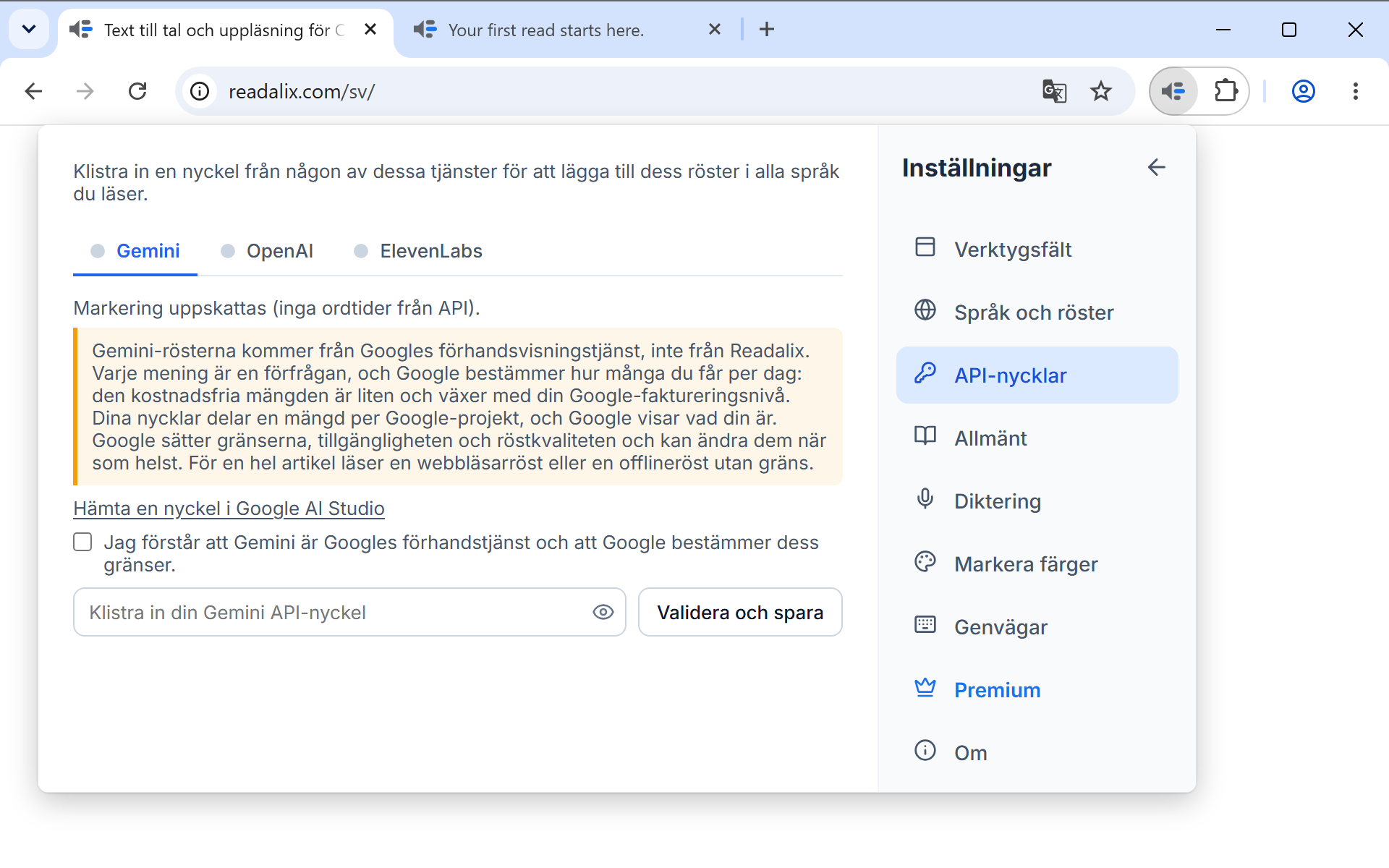 Inställningar på sidan API-nycklar: en rad som säger att nyckeln stannar på den här datorn, sedan flikarna Gemini, OpenAI och ElevenLabs med Gemini öppen, en länk för att skaffa en nyckel, en ruta att bocka i och ett fält för att klistra in nyckeln bredvid knappen Validera och spara.