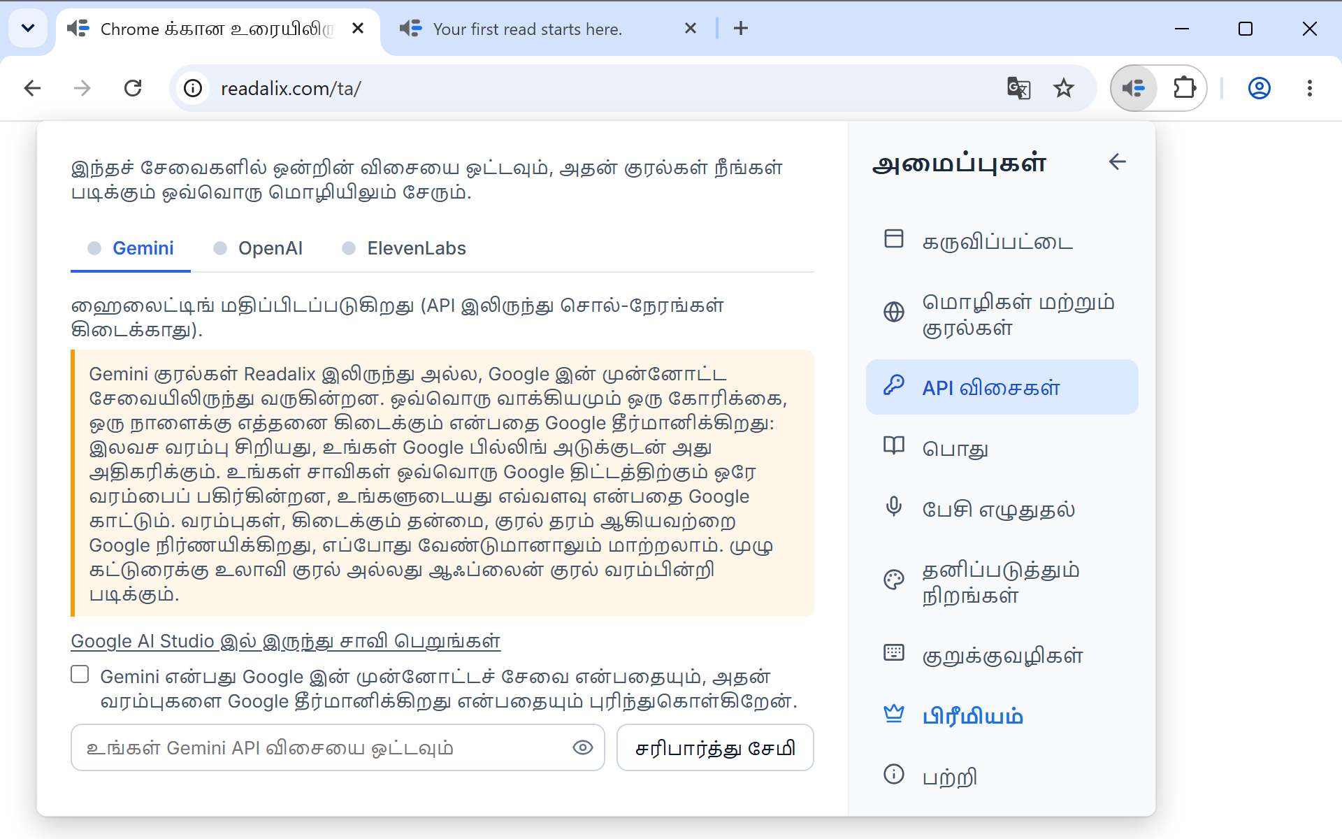 API விசைகள் பக்கத்தில் அமைப்புகள்: விசை இந்தக் கணினியிலேயே இருக்கும் என்று சொல்லும் ஒரு வரி, பிறகு Gemini, OpenAI, ElevenLabs தாவல்கள், Gemini திறந்திருக்கிறது, விசையைப் பெறுவதற்கான இணைப்பு, டிக் செய்யும் பெட்டி, சரிபார்த்து சேமி பொத்தானுக்கு அருகில் விசையை ஒட்டும் புலம்.