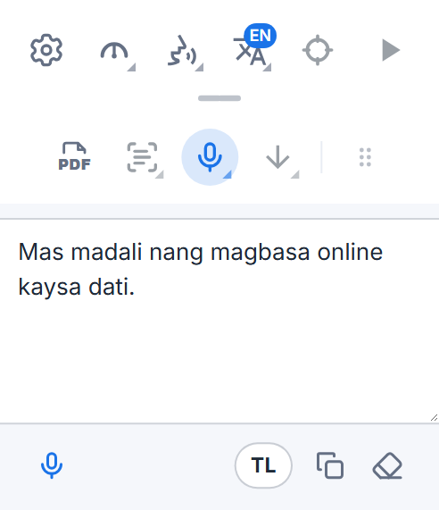 Ang toolbar ng Readalix na may kahon ng pagdidikta: ang mga idinikta mong salita, isang button na mikropono para magdagdag pa, ang button ng wika, at mga button para kopyahin at i-clear ang mga ito.