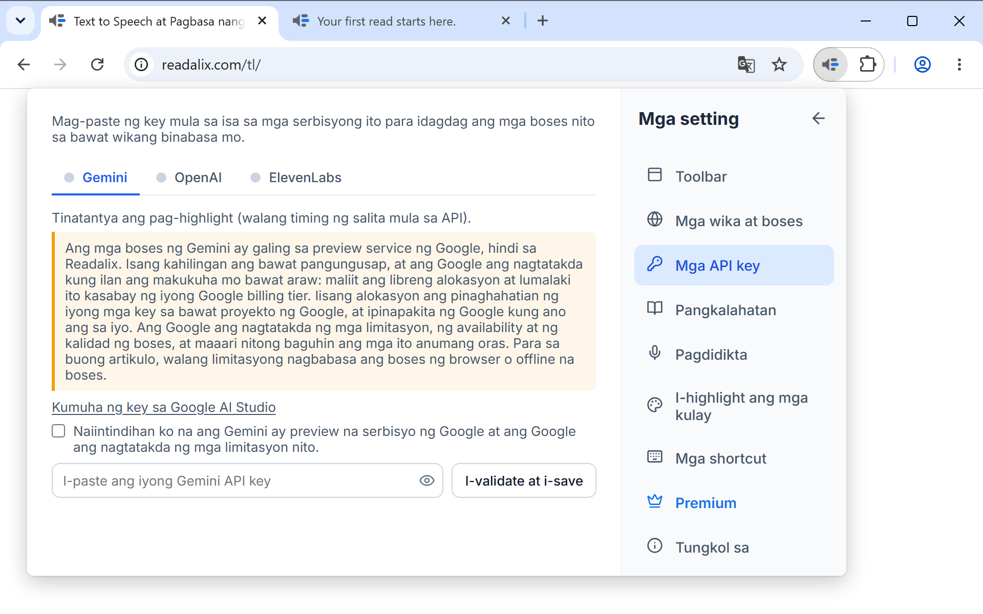 Mga setting sa pahina ng Mga API key: isang linyang nagsasabing nananatili sa computer na ito ang key, tapos mga tab na Gemini, OpenAI at ElevenLabs na nakabukas ang Gemini, isang link para kumuha ng key, isang kahong lalagyan ng tsek, at isang field para i-paste ang key sa tabi ng button na I-validate at i-save.
