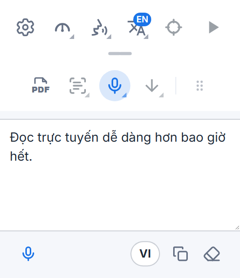 Thanh công cụ Readalix với khung nhập bằng giọng nói: các từ bạn đã nói, một nút micrô để nói thêm, nút ngôn ngữ, và các nút để sao chép và xóa chúng.