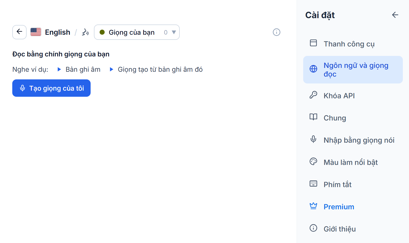 Danh sách giọng tiếng Anh ở tab Giọng của bạn: tiêu đề Đọc bằng giọng của chính bạn, hai nút phát cho một bản ghi âm mẫu và giọng được tạo từ nó, và một nút Tạo giọng của tôi.