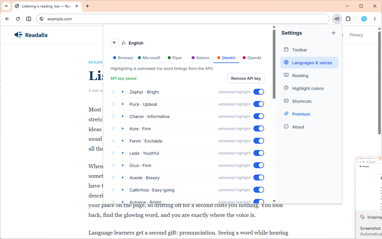 The Gemini tab of the English voice list, with the engine tabs across the top, an API key saved chip, and voice rows such as Zephyr, Puck and Charon each with a sample button and a visibility switch.